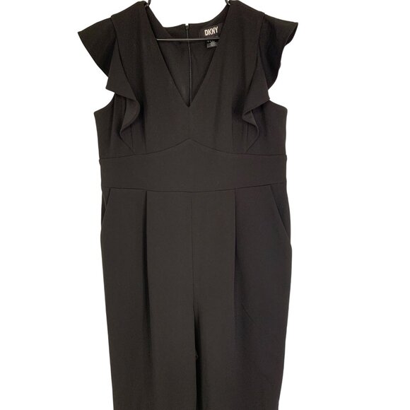 DKNY Black V-Neck Flutter Sleeve Crop Jumpsuit Size 16 RP10557 EUC Pockets - Picture 2 of 9